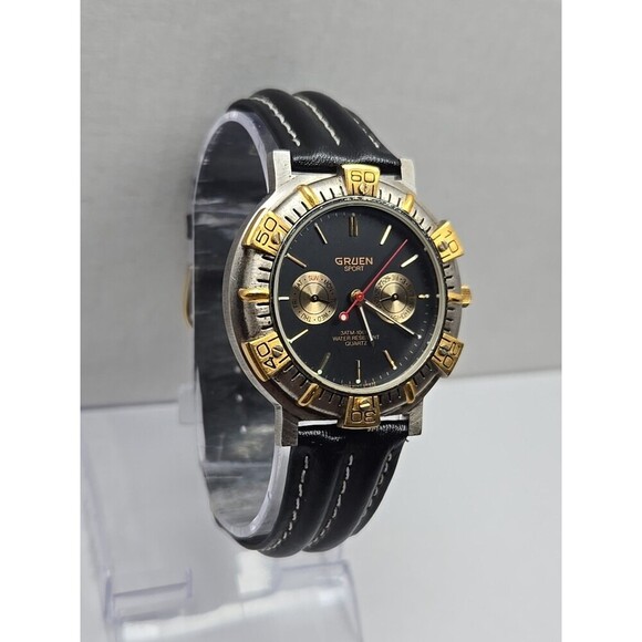 Gruen Sport 3ATM Quartz Black Dial Gold Tone Bezel Two Subdial Watch New Battery - Picture 2 of 11